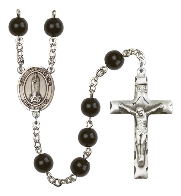 Our Lady of Kibeho Rosary, 7mm Black Onyx Beads, Silver Plate, # 14337