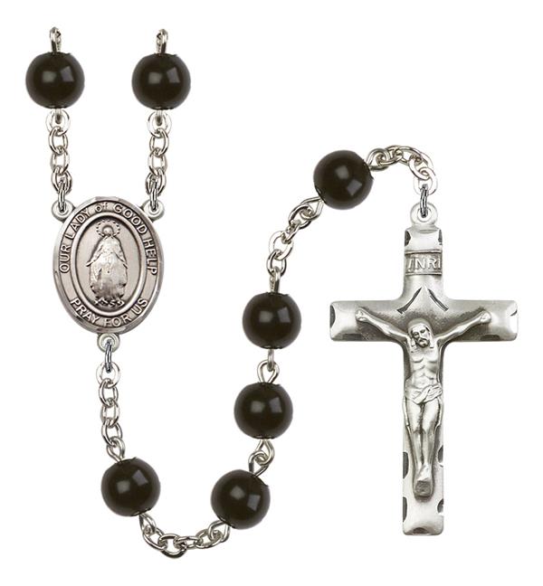 Our Lady of Good Help Rosary, 7mm Black Onyx Beads, Silver Plate, # 14354