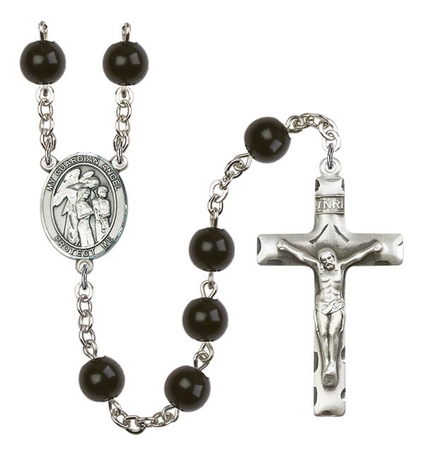 Guardian Angel w/ Children Rosary, 7mm Black Onyx Beads, Silver Plate, # 14359
