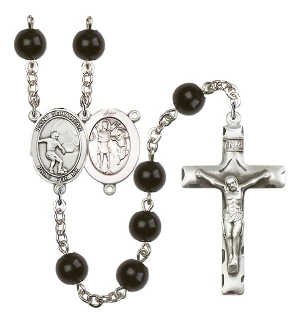 St. Sebastian / Soccer Rosary, 7mm Black Onyx Beads, Silver Plate, # 14394