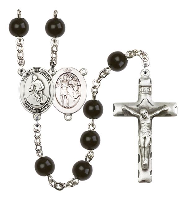 St. Sebastian / Wrestling Rosary, 7mm Black Onyx Beads, Silver Plate, # 14399