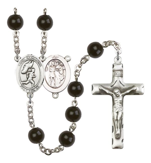 St. Sebastian / Men's Track & Field Rosary, 7mm Black Onyx Beads, Silver Plate, # 14400