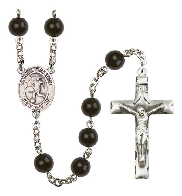 St. Sebastian / Women's Soccer Rosary, 7mm Black Onyx Beads, Silver Plate, # 14408