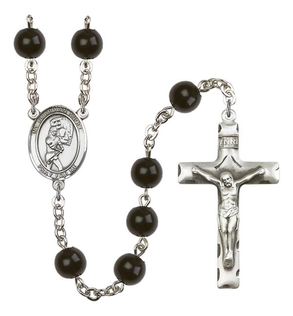 Guardian Angel / Softball Rosary, 7mm Black Onyx Beads, Silver Plate, # 14416