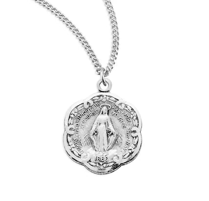 Sterling Miraculous Medal, 3/4" overall, 18" Stainless Steel Curb Chain # 29476