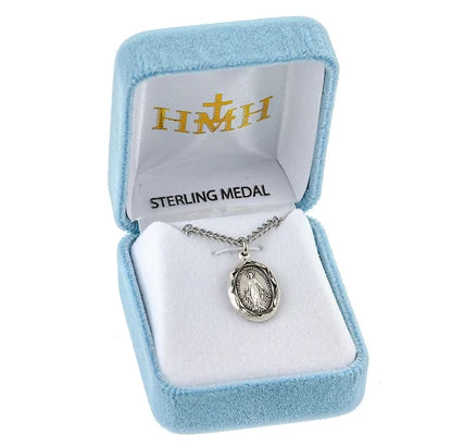 Sterling Miraculous Medal, 5/8" Oval, 18" Stainless Steel Curb Chain, # 29477