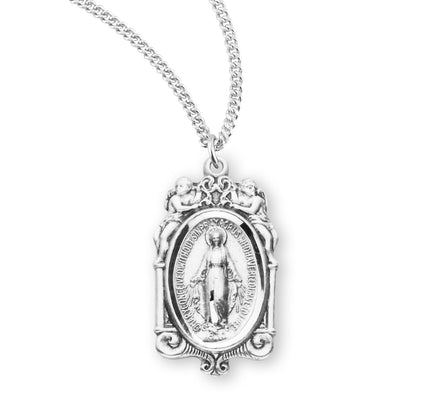 13/16" Sterling Silver Miraculous Medal with Angels, 18" Stainless Steel Curb Chain, #104469