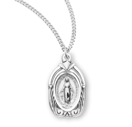 13/16" Sterling Silver Miraculous Medal, 18" Stainless Steel Curb Chain, #104467