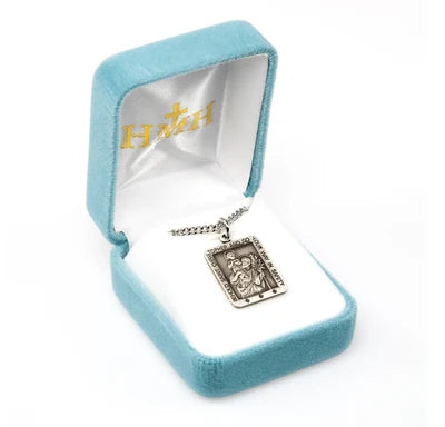 Sterling Silver Rectangular St. Christopher, 13/16", 18" Stainless Steel Curb Chain# 29466