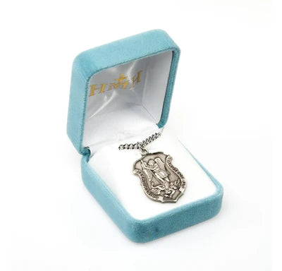 St. Michael Shield Medal, Sterling Silver, 24" Stainless Steel Curb Chain 1-1/16", # 61607