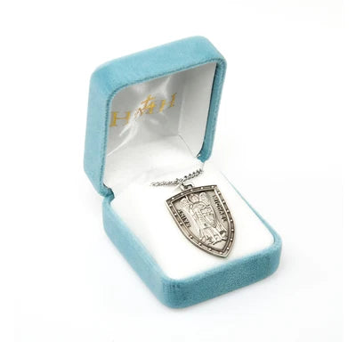 St. Michael Shield Medal, Sterling Silver, 1-3/16", 24" Stainless Steel Curb Chain # 41597
