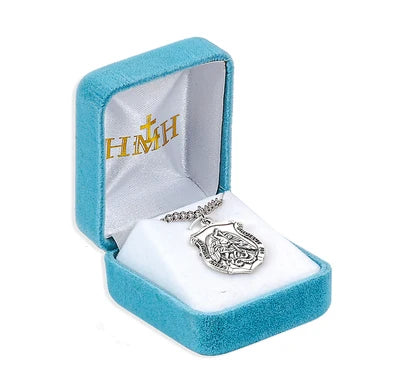Saint Michael Sterling Silver shield Medal, 7/8", 24" Stainless Steel Curb Chain # 6564