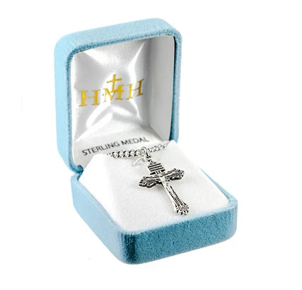 Sterling Silver Pardon Crucifix, 1-1/8", 24" Stainless Steel Curb Chain, # 41611
