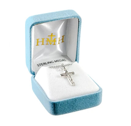 Sterling Silver Crucifix, 13/16", 18" Stainless Steel Curb Chain, #29386