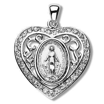 Heart shaped Sterling Miraculous Medal, 13/16", Crystal Border, Your choice of chain, # 96992