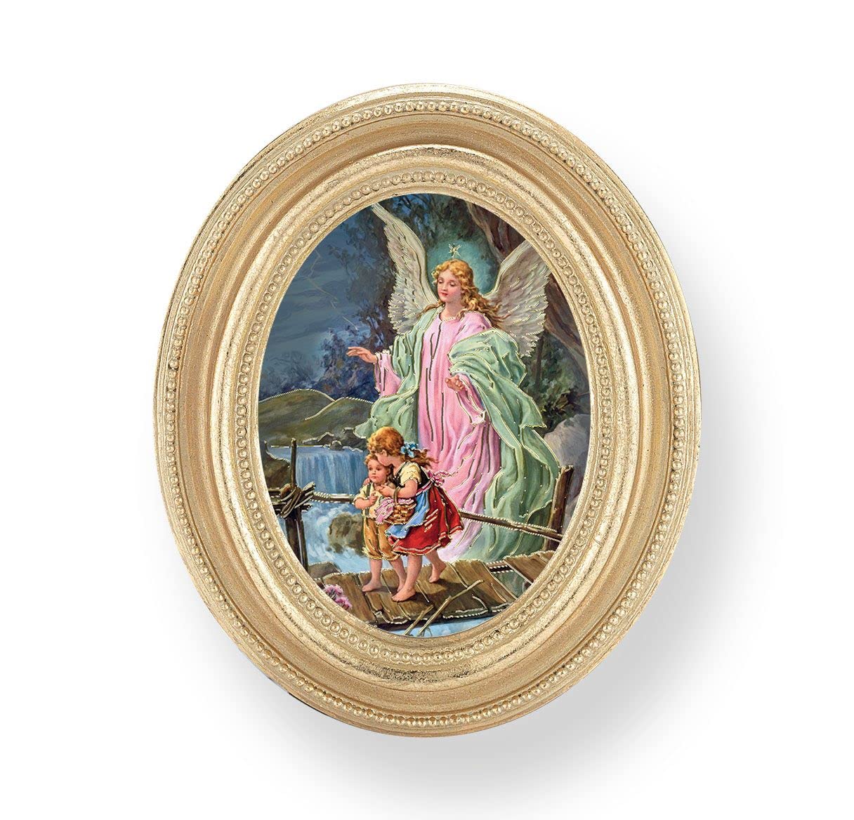 Guardian Angel with Children on Bridge Picture, Gold Finish 3-3/4"x4-1/2 Oval Frame, Exclusive Gold Stamped Print Under Glass # 28427