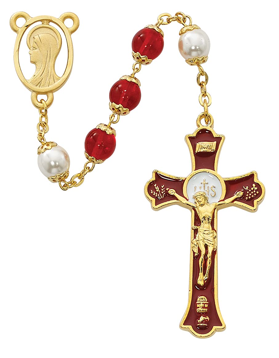 Rosary with 8mm Red and Pearl Glass Beads, Gold Plated Pewter Center and 2" Enameled Crucifix # 21244