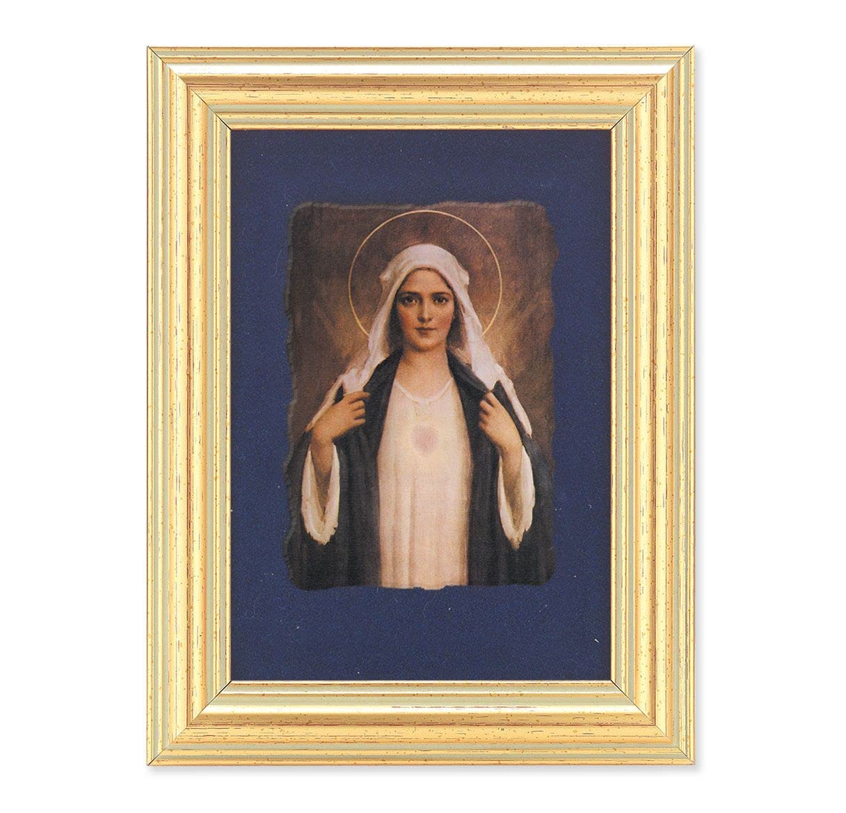 Immaculate Heart of Mary Picture, Antique Gold 5" x6-1/2 Frame, Image Centered On Blue Velvet Matting # 28114