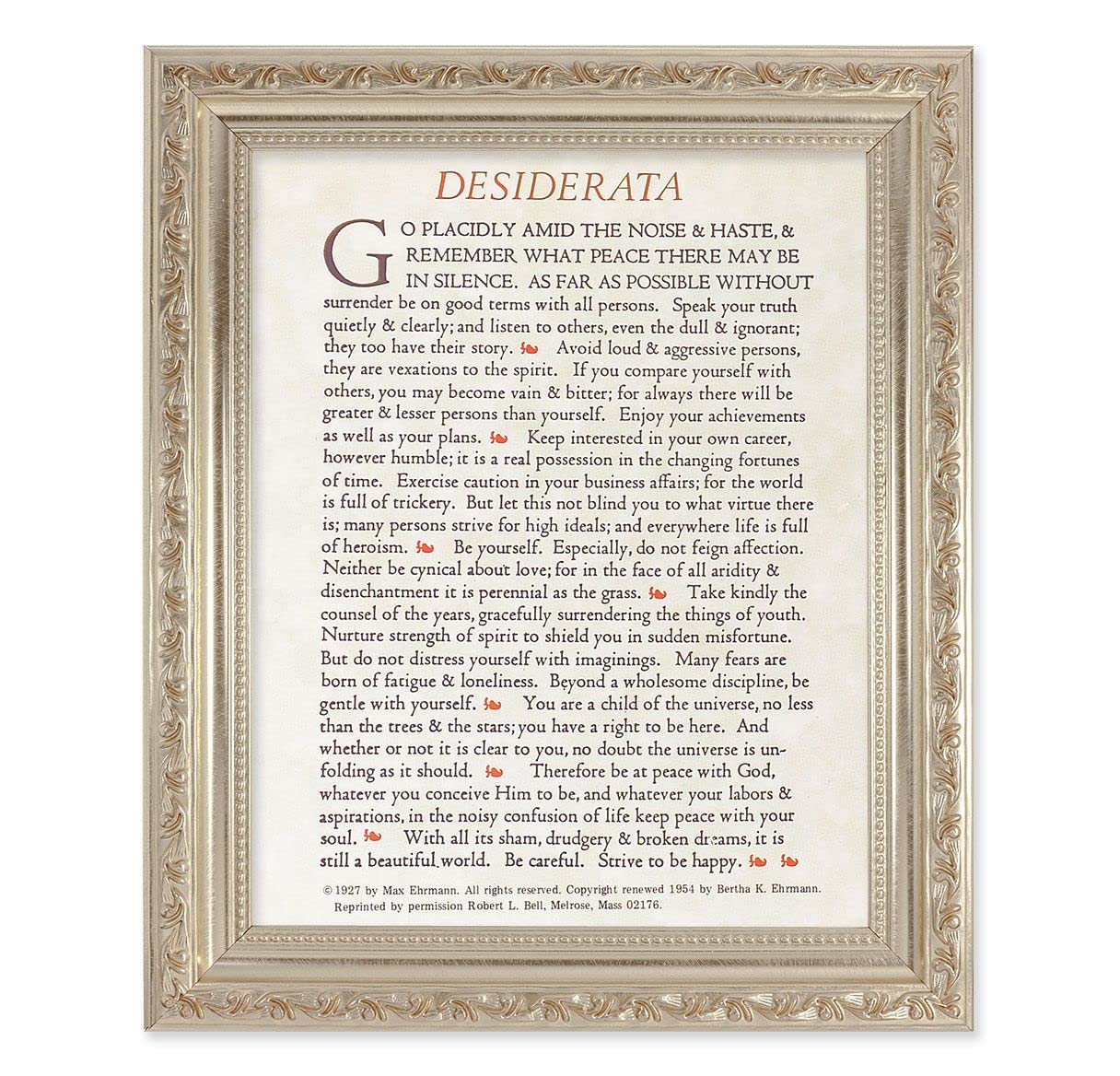Desiderata Go Placidly Prayer, 10"x12" Antique Silver & Carved Scrollwork Frame, Italian Print Under Glass # 26869