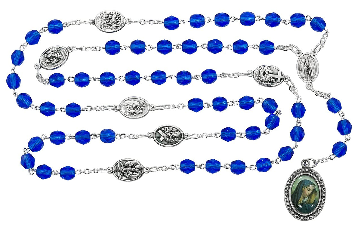 Seven Sorrows Chaplet, 7mm Blue Glass Beads with Photo Medallion # 21242