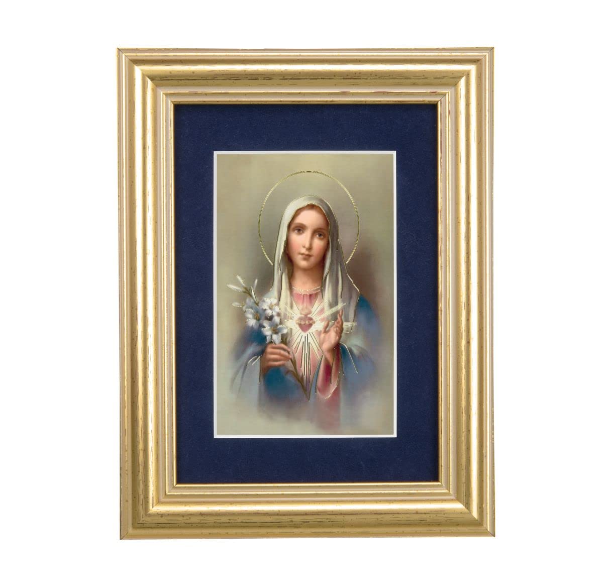 Immaculate Heart of Mary Picture, 5"x6.5" Antique Gold Fluted Frame, Behind Blue Velvet Matting # 28262