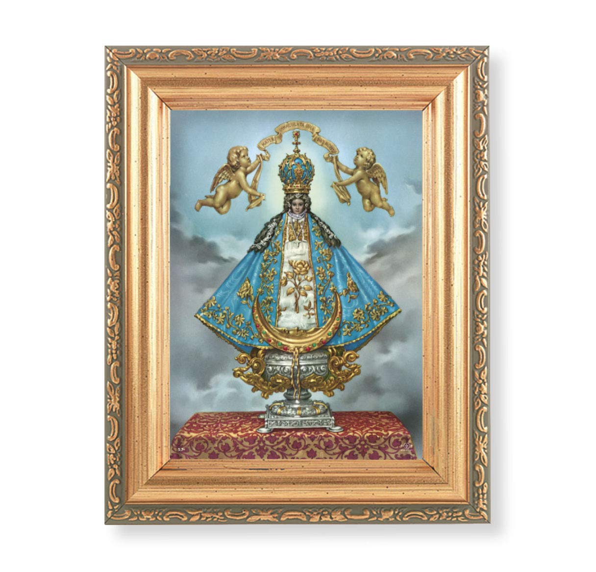 Virgen de San Juan Picture, Antique Gold 5-1/2"x7 Frame with Acanthus-Leaf Edging Under Glass # 28181