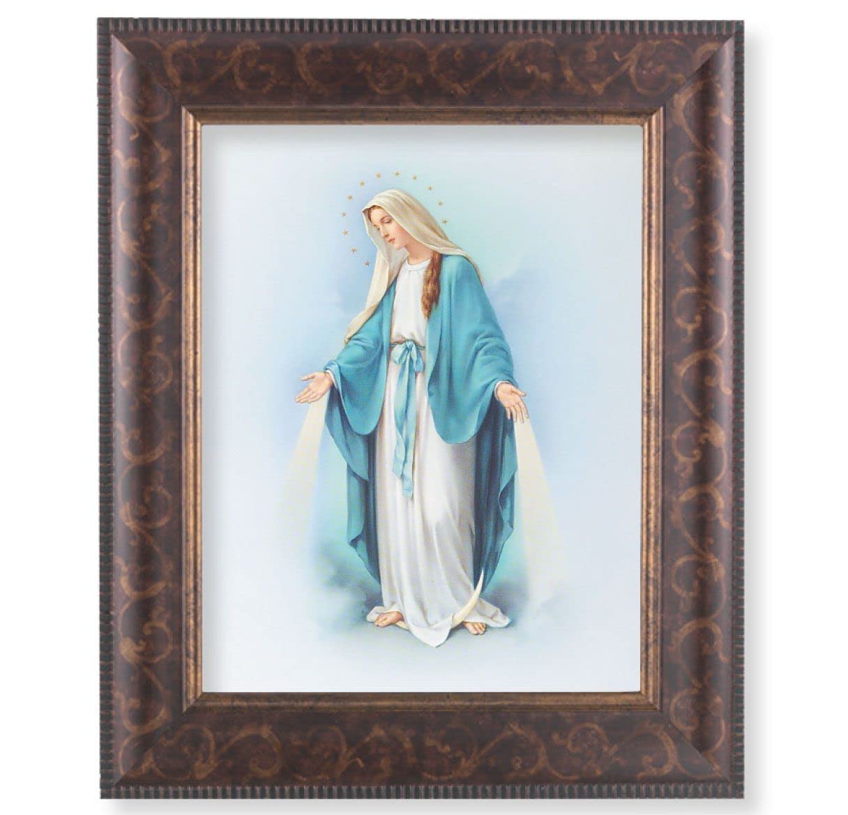 Our Lady of Grace Picture, 11-1/4"x13-1/4, Antique Gold & Espresso Frame, Italian Print Under Glass # 25821