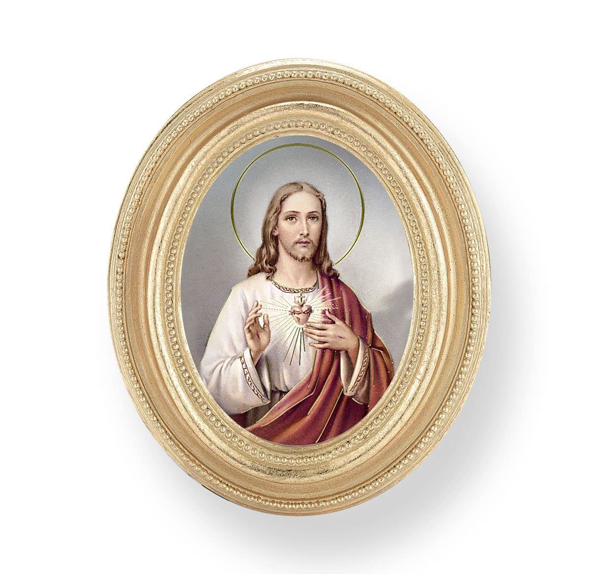 Sacred Heart of Jesus, Gold Finish 3-3/4"x4-1/2 Oval Frame, Exclusive Gold Stamped Print Under Glass # 28405