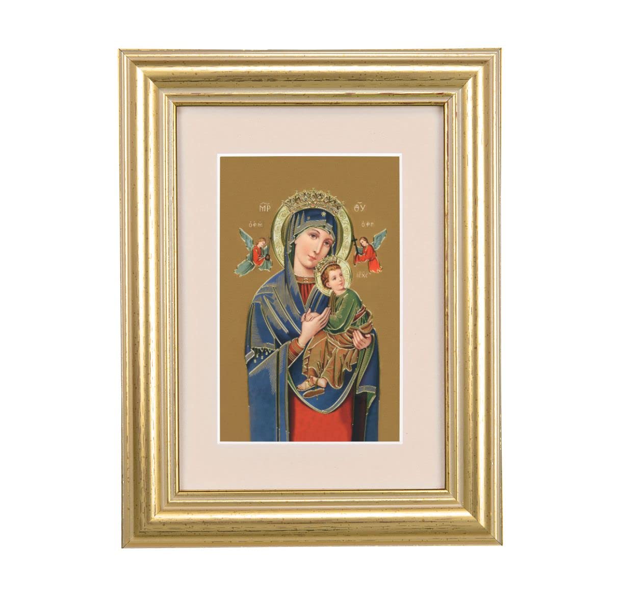 Our Lady of Perpetual Help Picture, 5"x6.5" Antique Gold Fluted Frame, Behind Cream Velvet Matting # 28229