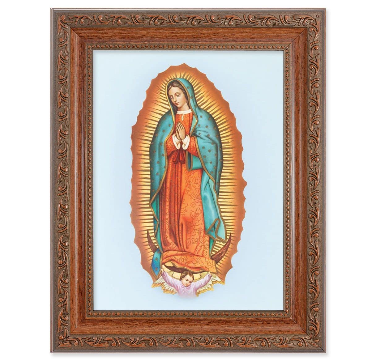Our Lady of Guadalupe Picture, 8-1/4"x10-1/4 Mahogany Finish with Acanthus Leaf Detail Under Glass # 27814
