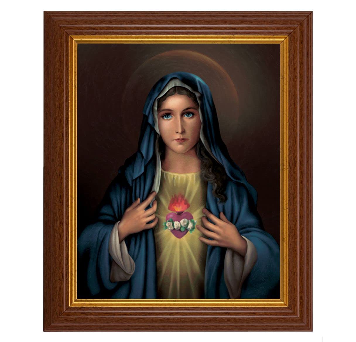 Immaculate Heart of Mary, 10.5"x12.5" Walnut Finished Fluted Frame, Gold Beaded Lip, Italian Print # 26997