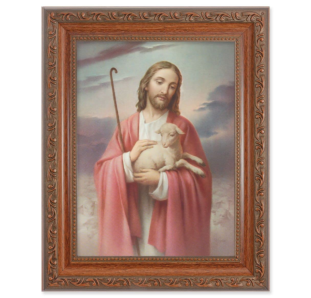 Good Shepherd Picture, 8-1/4"x10-1/4 Mahogany Finish with Acanthus Leaf Detail Under Glass # 27768