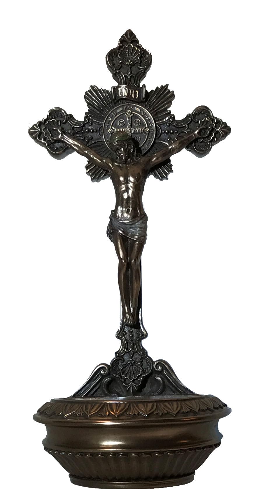 9.5" St. Benedict Crucifix Holy Water Font, Cold Cast Bronze, # 8286
