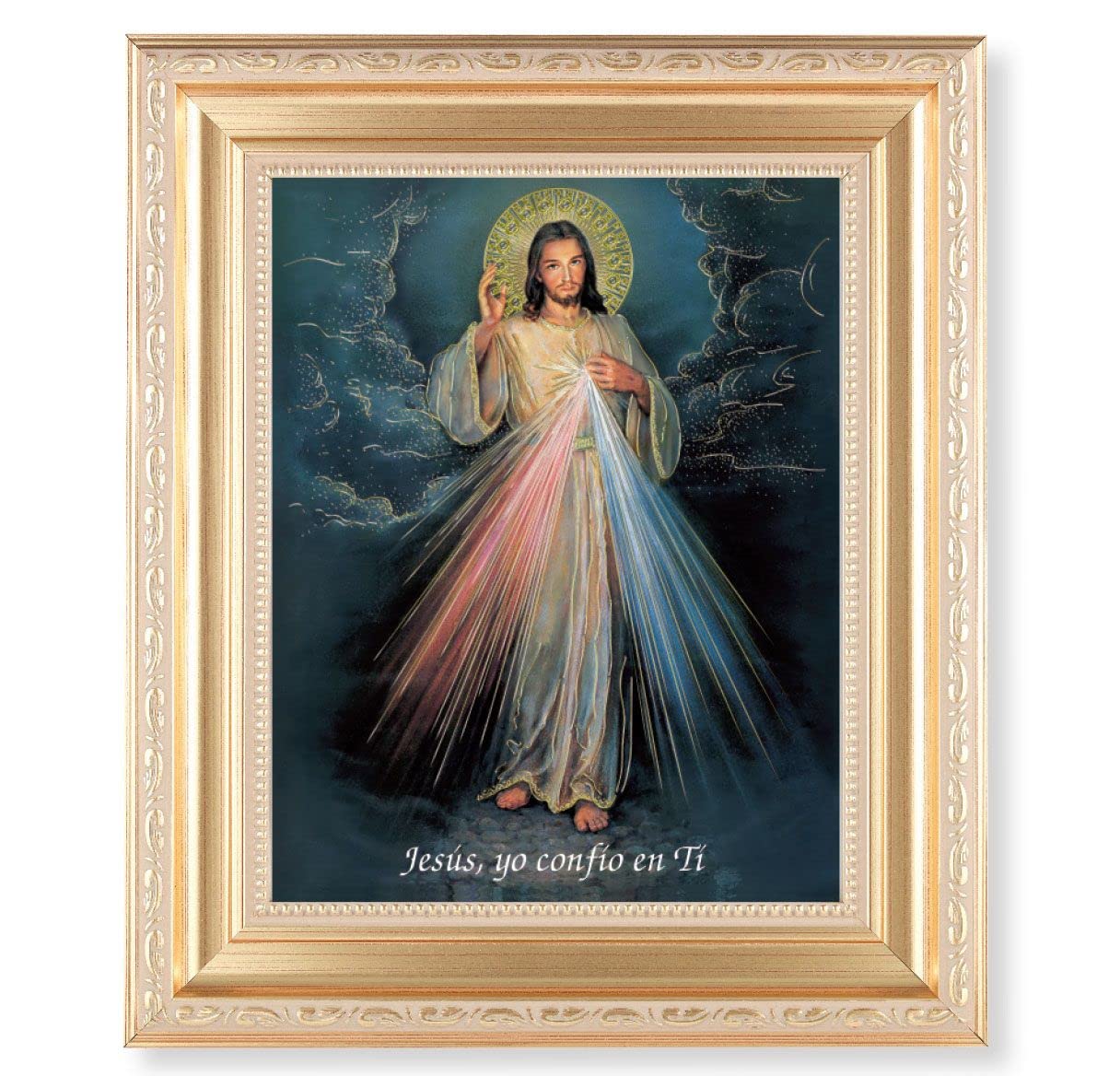 Spansh Divine Mercy, 11.5"x13.5" Satin Gold Frame, Distressed Finish with Scrollwork, Gold-Stamped Print Under Glass # 26561