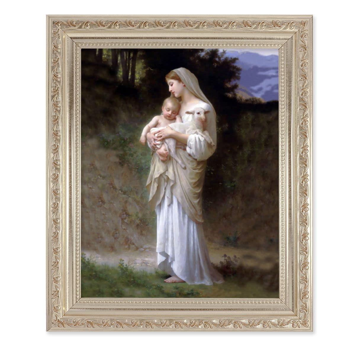 Bouguereau Divine Innocence, 10"x12" Antique Silver & Carved Scrollwork Frame, Italian Print Under Glass # 26833