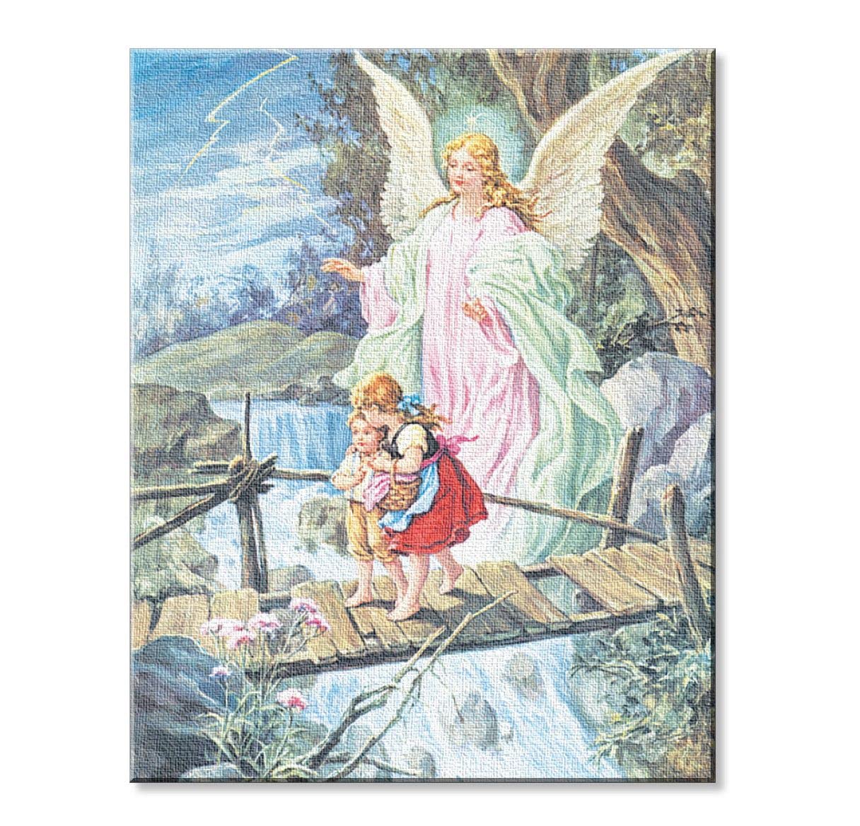 Guardian Angel with Children on Bridge Print on Stretched Canvas, Mounted on 8"x10" Frame, Made in Italy # 28548