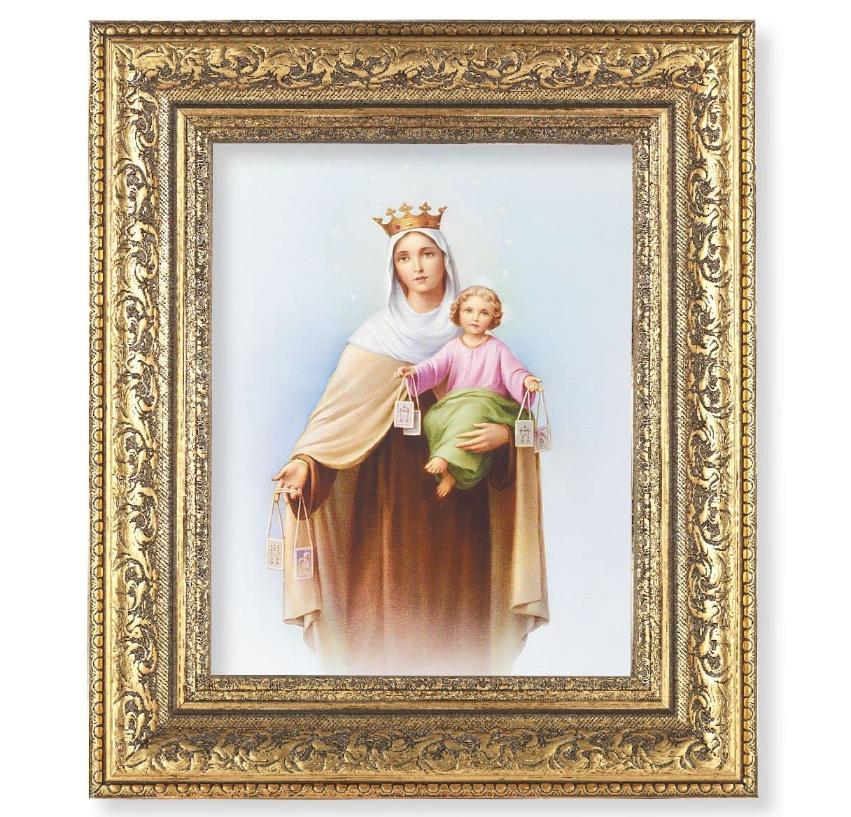 Our Lady of Mount Carmel Picture, 12-1/2"x14-1/2, Antique Gold Leaf Carvings Ornate Frame, Italian Print Under Glass # 25467