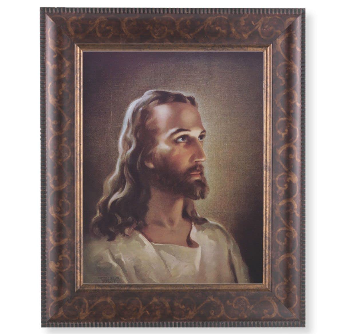 Head of Christ Picture, 11-1/4"x13-1/4, Antique Gold & Espresso Frame, Italian Print Under Glass # 25805