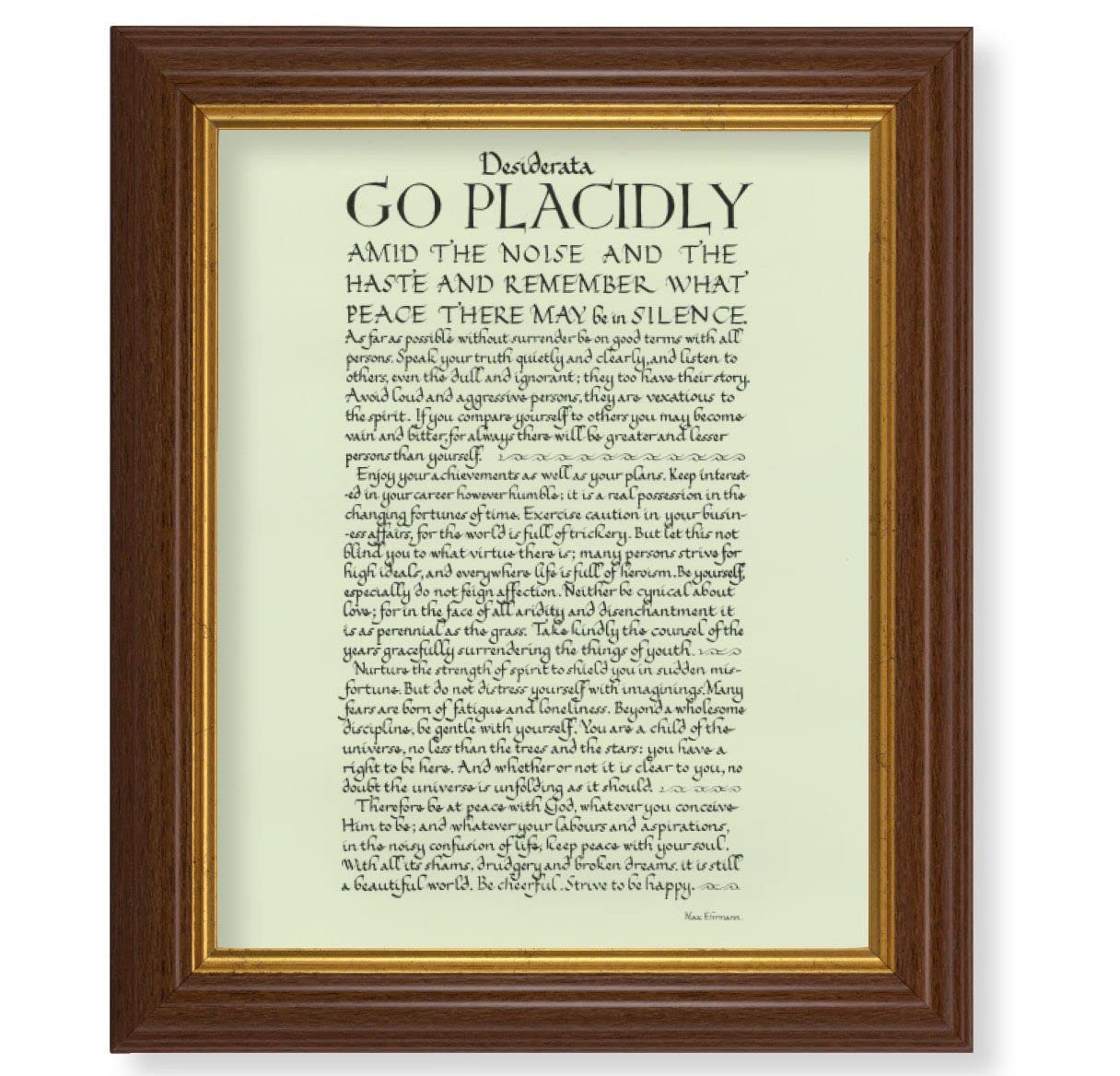 Go Placidly Desiderata, 10.5"x12.5" Walnut Finished Fluted Frame, Gold Beaded Lip, Italian Print # 27123