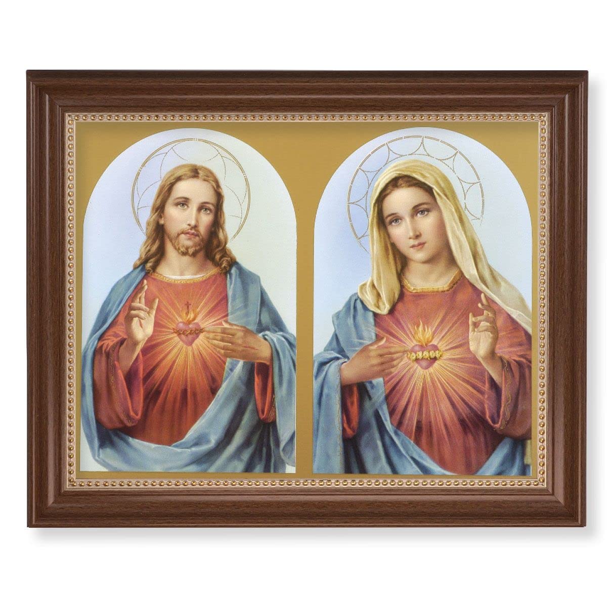 The Sacred Hearts Picture, 13-1/2"x16-9/16 Walnut Finish Frame with Gold Beaded Lip, Textured Italian Print # 22257