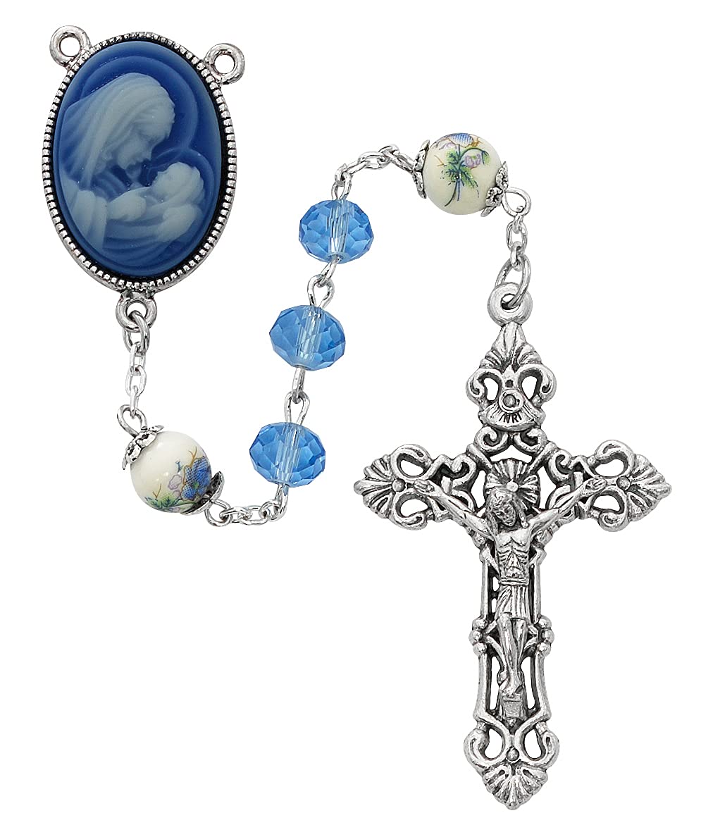Madonna & Child Rosary, 8mm Blue Crystal & Ceramic Our Father Beads, Silver Oxide Center and 2-1/8" Crucifix # 21198