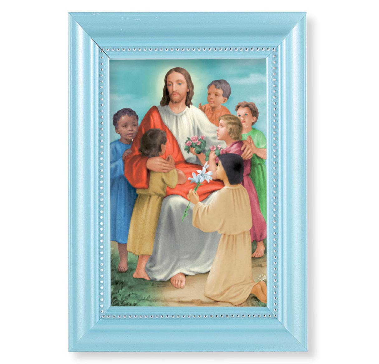 Jesus with Children Picture, Pearlized Blue 5-1/2"x7 Frame, Beaded Lip, Under Glass # 28064