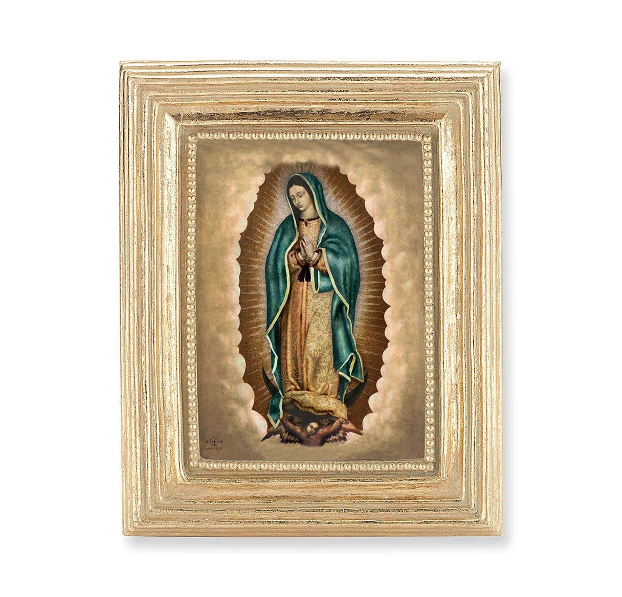 Our Lady of Guadalupe Picture, Gold Finish 3-7/8"x4-3/4 Frame, Exclusive Gold Stamped Print Under Glass # 28355