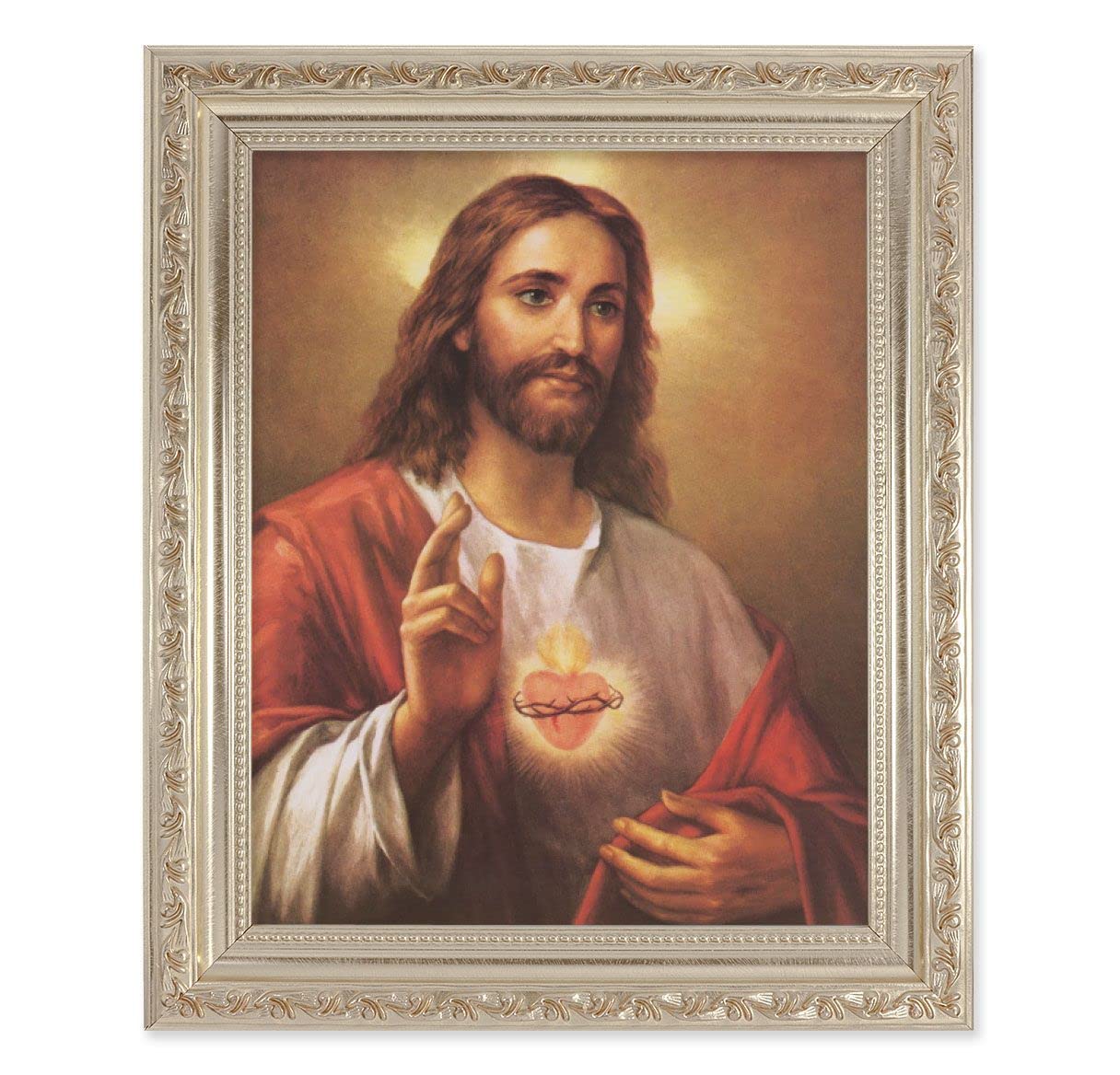 La Fuente: Sacred Heart of Jesus, 10"x12" Antique Silver & Carved Scrollwork Frame, Italian Print Under Glass # 26857