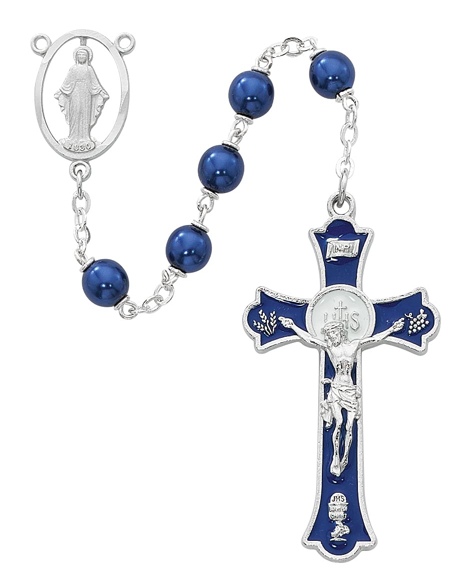 Holy Mass Rosary, 7mm Blue Pearl Glass Beads, Rhodium Plated Pewter Center and 2" Enameled Crucifix # 21243