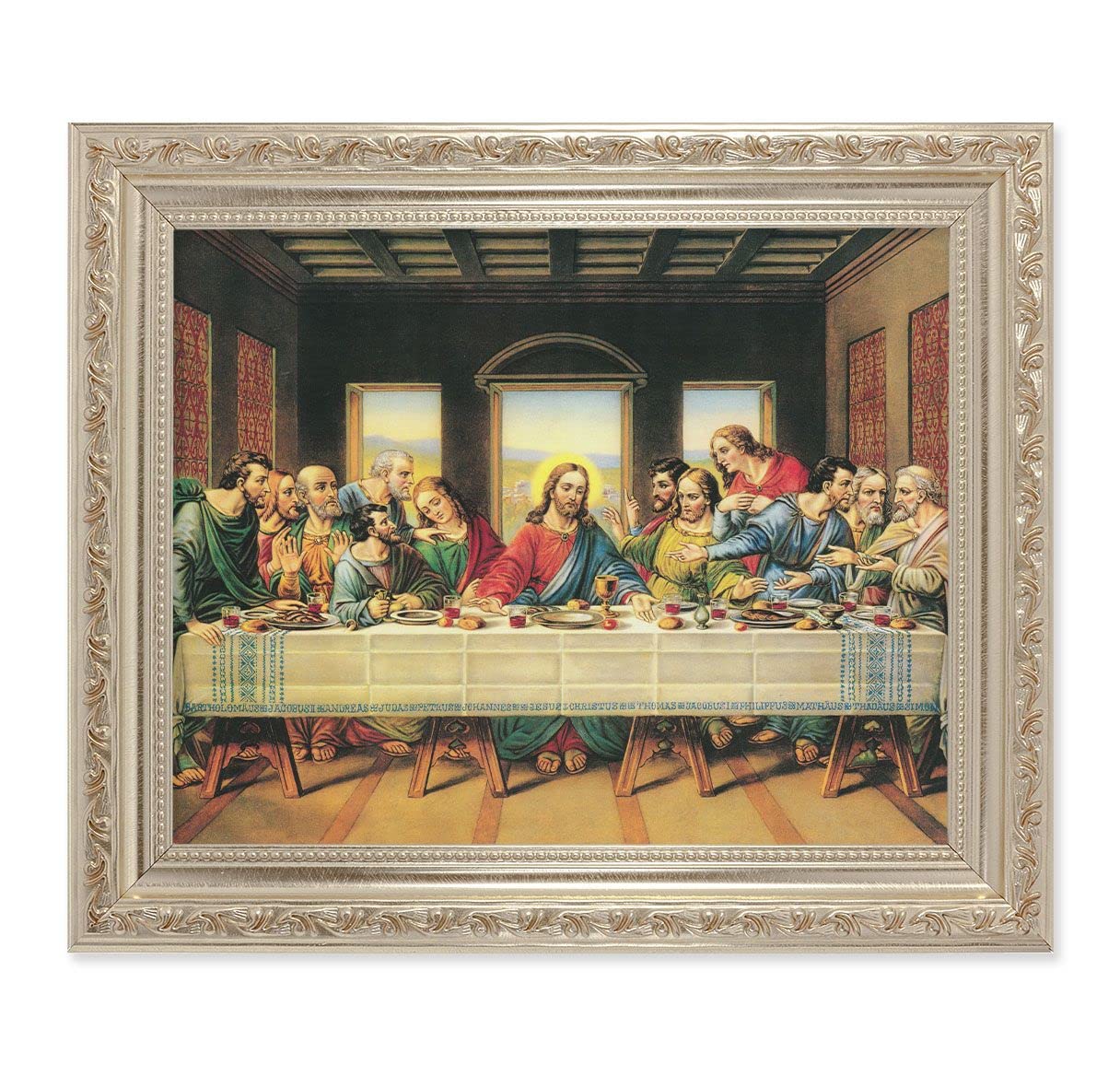 Last Supper, 10"x12" Antique Silver & Carved Scrollwork Frame, Italian Print Under Glass # 26849