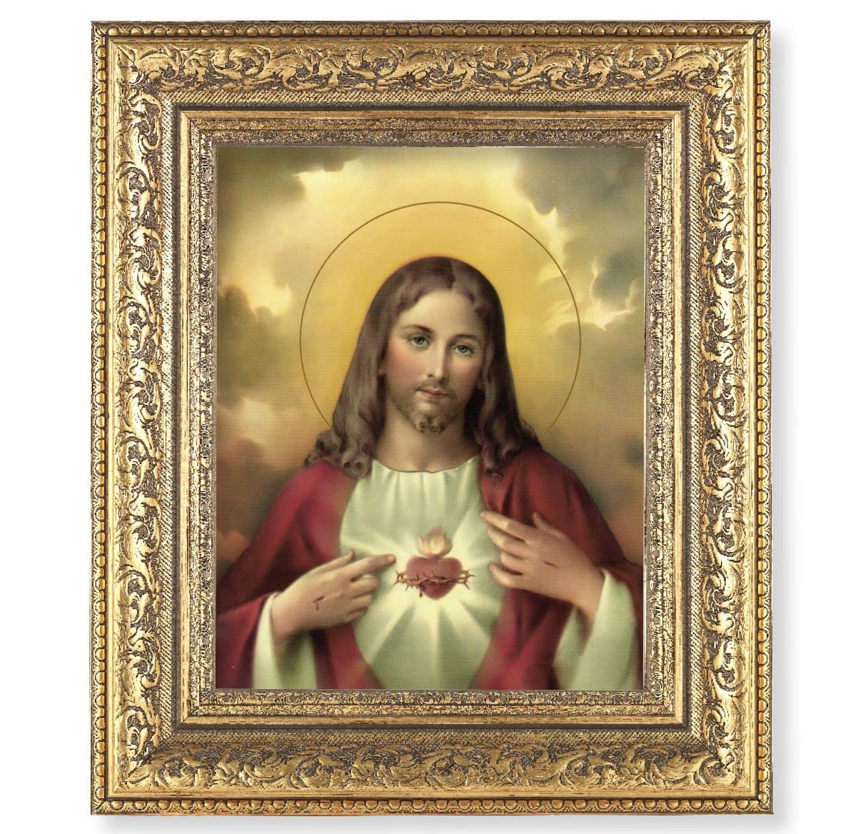 Sacred Heart of Jesus Picture, 12-1/2"x14-1/2, Antique Gold Leaf Carvings Ornate Frame, Italian Print Under Glass # 25454