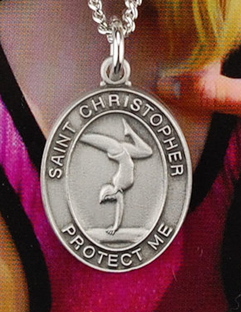 Girls Gymnastics Pewter Medal with Laminated Holy Card and 18" Chain, 2-Count Value Pack. # 21410