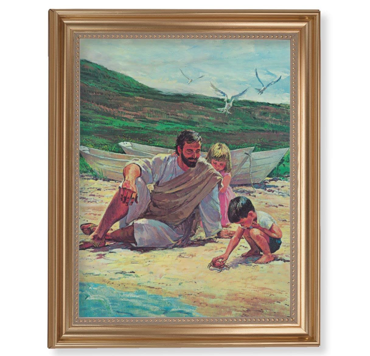 Hook: Jesus on The Beach with Children Picture, 13-1/2"x16-9/16 Gold-Leaf Fluted Frame with Beaded Lip, Textured Italian Print # 25306