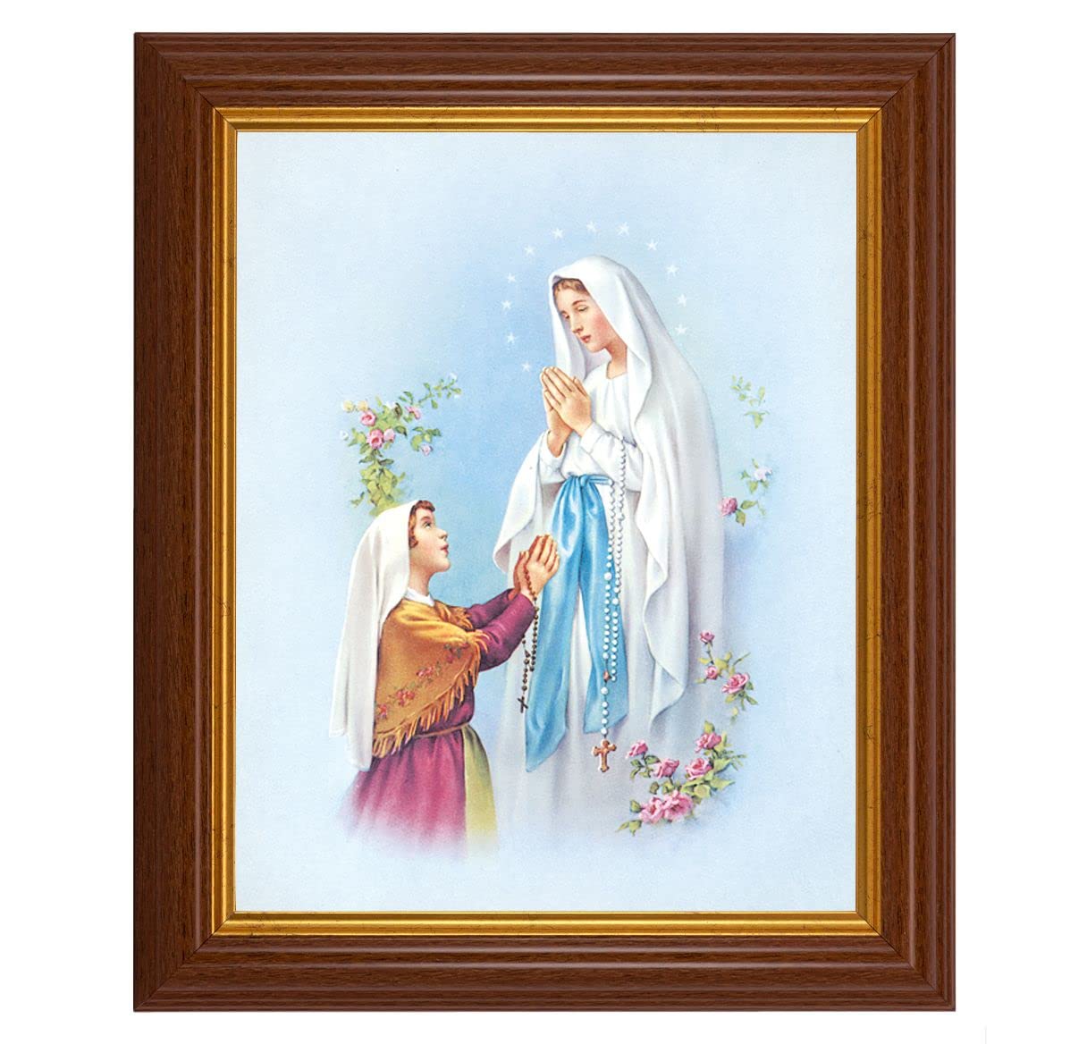 Our Lady of Lourdes, 10.5"x12.5" Walnut Finished Fluted Frame, Gold Beaded Lip, Italian Print # 26993
